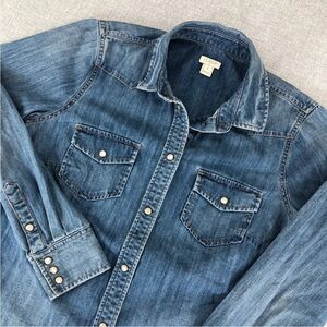 J Crew Shirt Womens XS Blue Western Pearl Snap Denim Cowgirl Rodeo Shirt